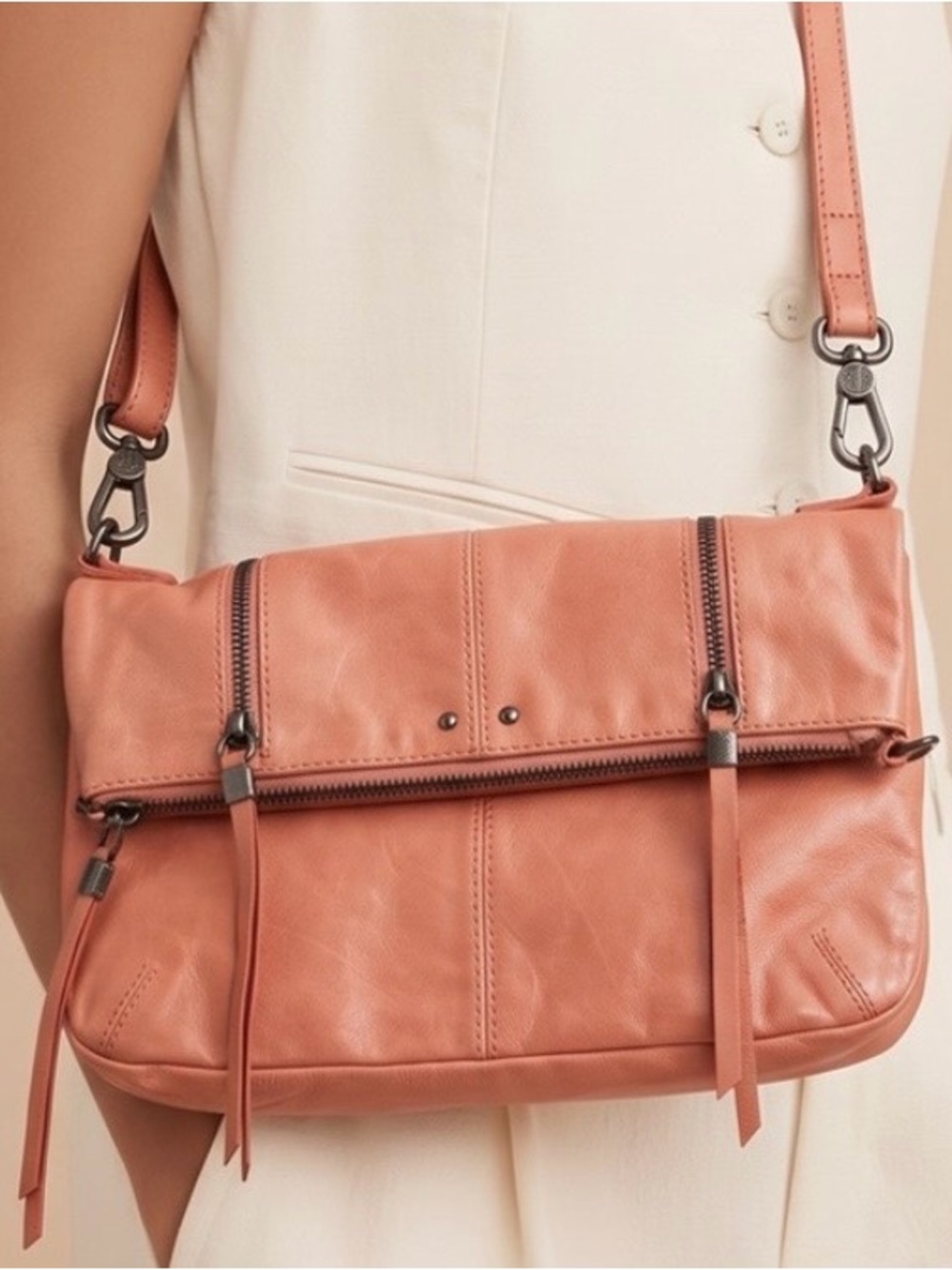 The Sak Pastel Coral Peach Leather Summer Crossbody Two Way Purse Bag